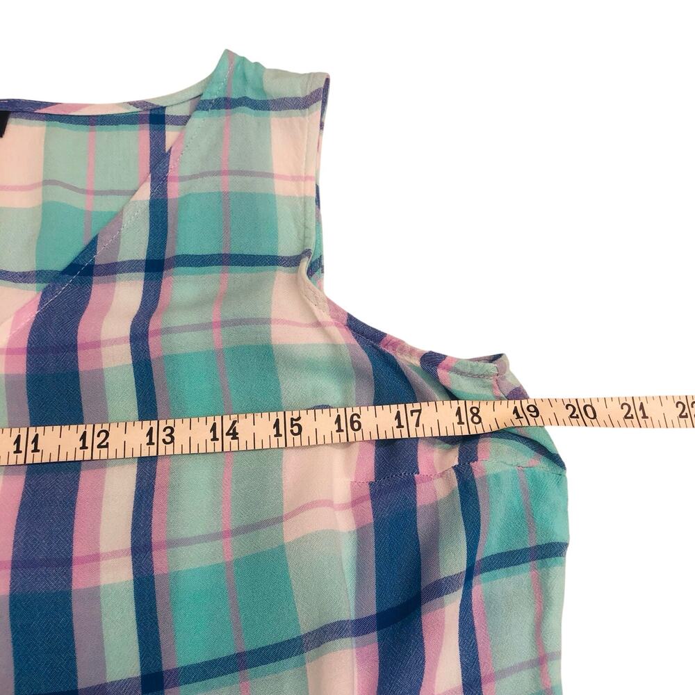 a.n.a. Blue White Pink Plaid Sleeveless Top Ruffled Trim Hem - Picture 12 of 16